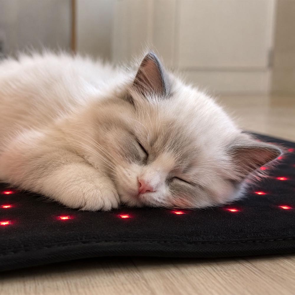 Cat sleeping on Paw Light Therapy mat